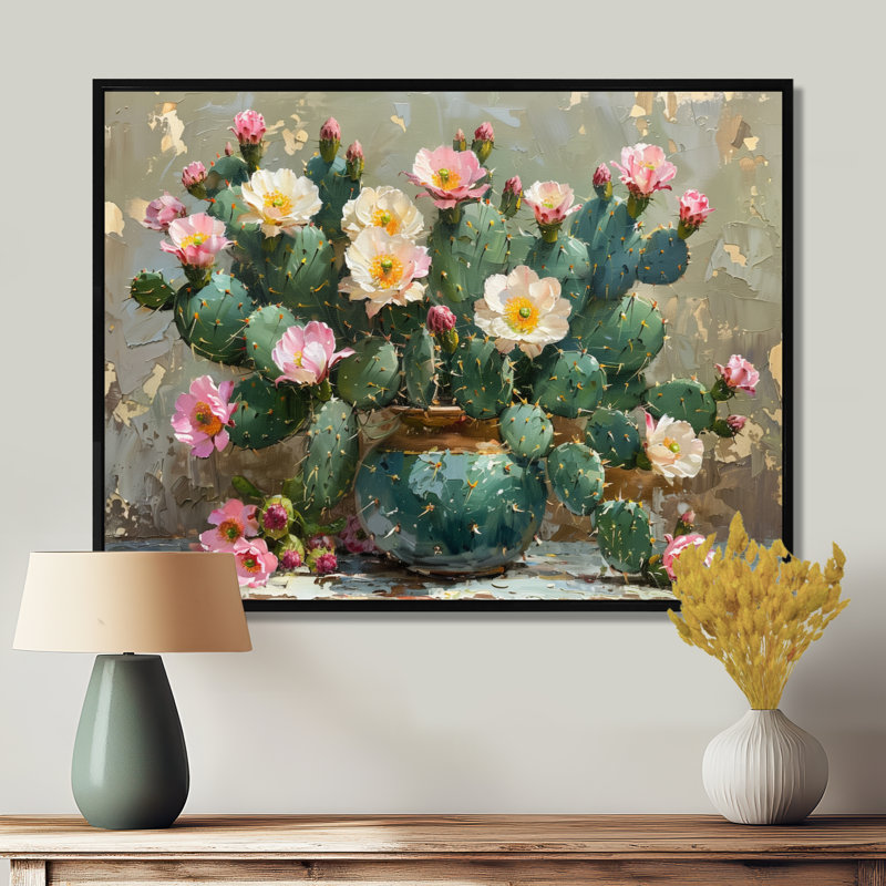 Cactus vert et rose en fleurs - Cactus floral, Toile avec cadre flottant noir, H 12 po x l 20 po x P 1 po