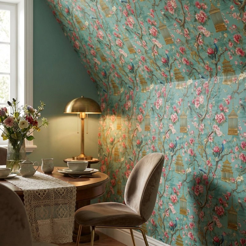 Papier peint floral, oiseaux, décoration murale rétro