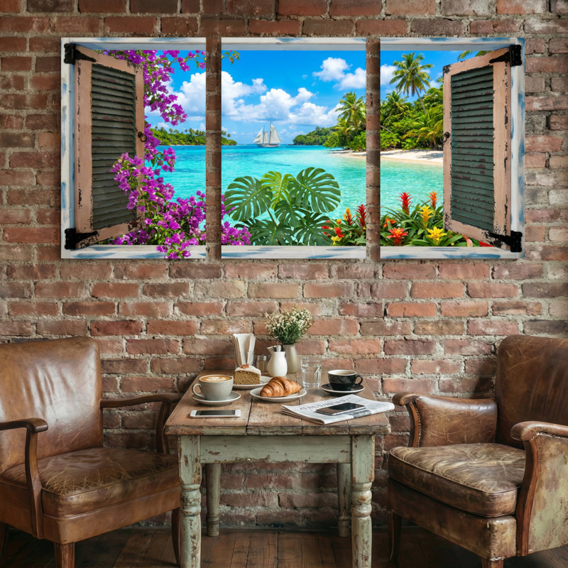 Landscape & Nature Tropical Paradise View Through Window, 24" H x 48" W