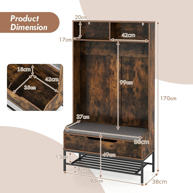 Hall Tree 90cm Wide with Bench, Brown