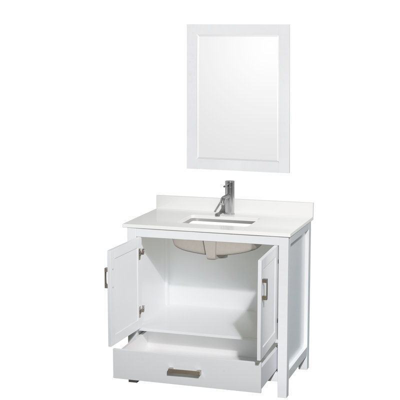 Sheffield 36" Freestanding Single Bathroom Vanity with Quartz Top with 24" Mirror, White, Chrome, White Quartz