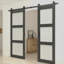 Porte de grange coulissante double en verre trempé givré 3-Lite avec trousse de quincaillerie et poignée pour l'intérieur moderne-126717991-126717994