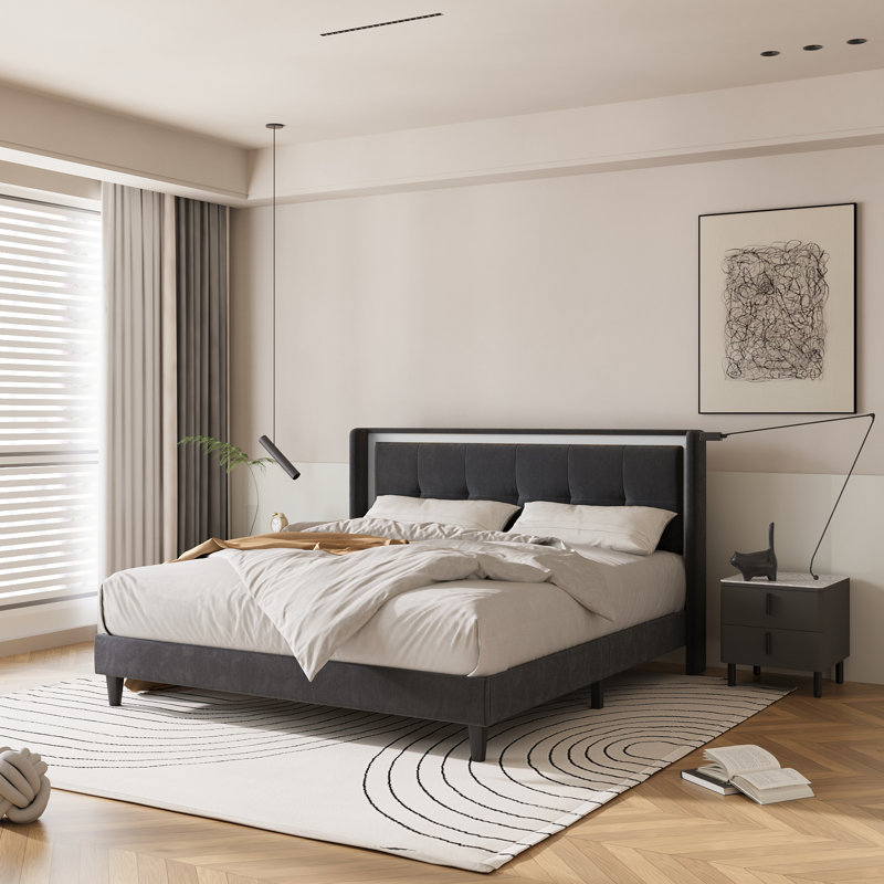 Keedra Upholstered Platform Bed, Dark Gray, Queen