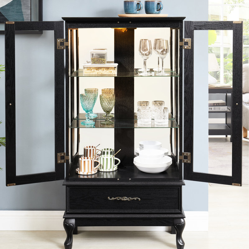Armoire à vin 2 portes avec éclairage intégré, tablettes réglables, finition noire, dossier en miroir et poignées rétro - Ajoutez du style à votre système d'éclairage, tiroir sophistiqué caché