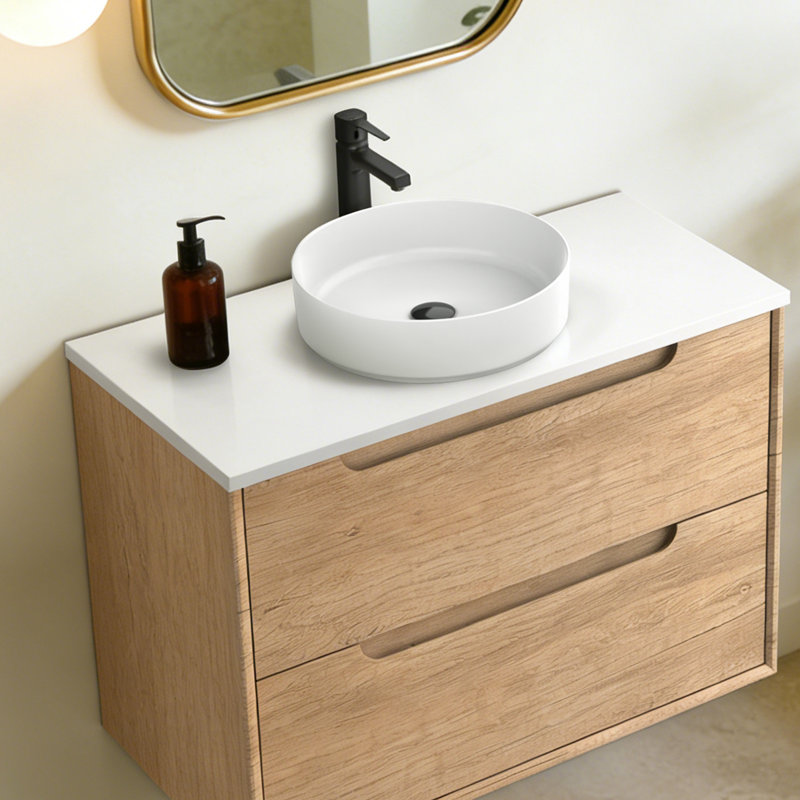 Meuble-lavabo mural en chêne naturel avec vasque ronde en céramique, 36"