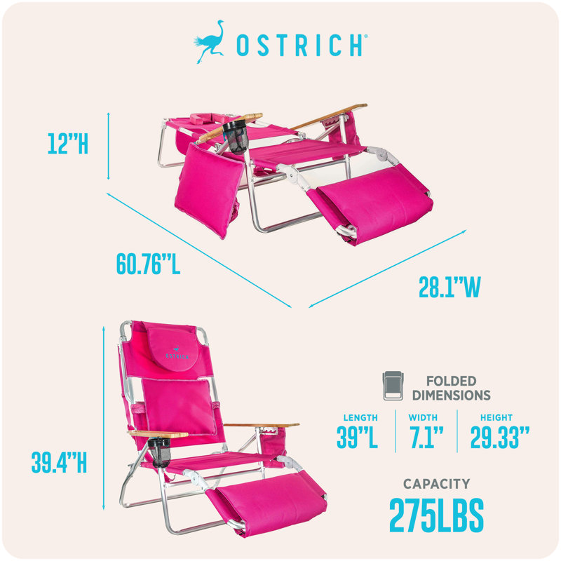 Chaise longue d'extérieur légère Ostrich The Deluxe 3N1 avec repose-pieds, rose, Rose