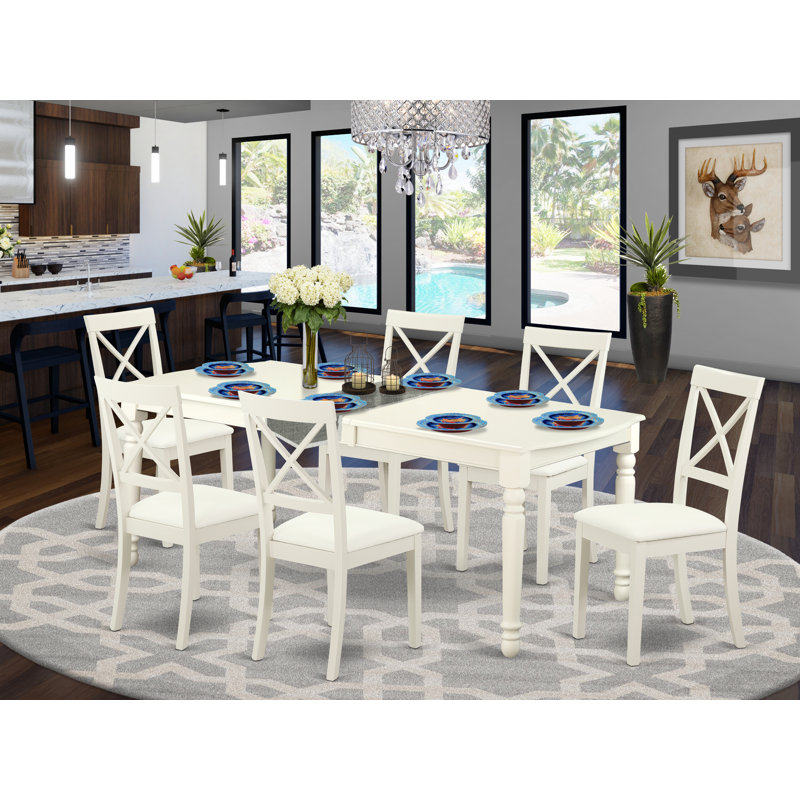 7 Piece Kitchen Table Set Consist of a Rectangle Dining Table with Butterfly Leaf and 6 Faux Leather Dining Room Chairs, Linen White