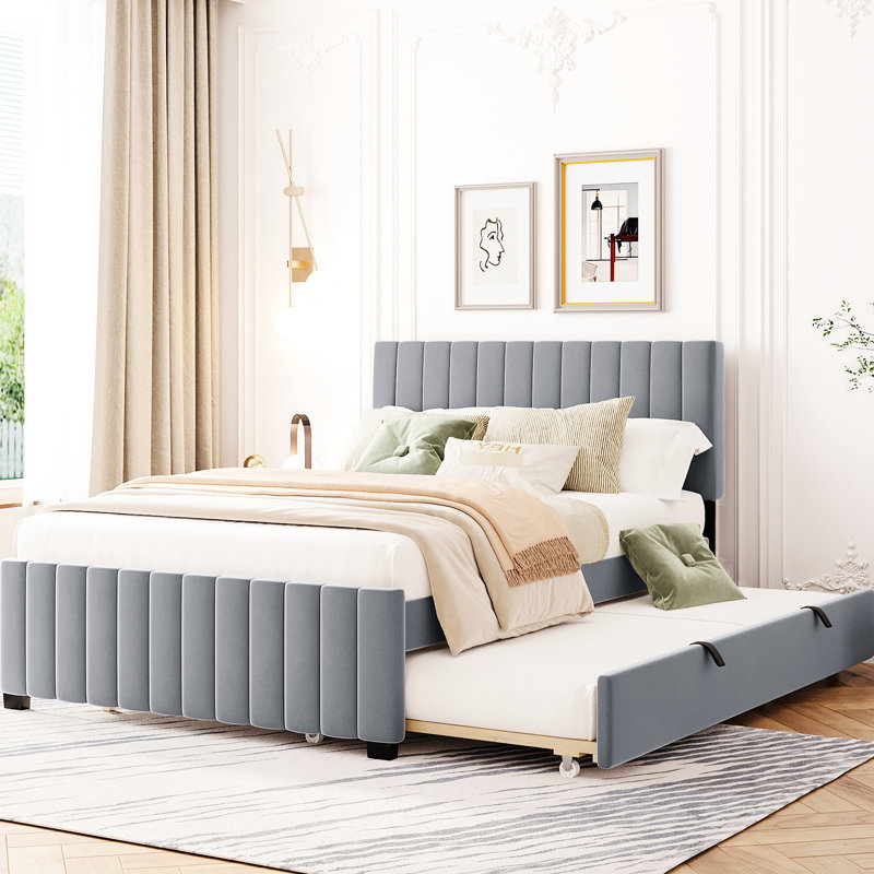 Lit tapissier en velours double avec lit gigogne, Lit double, Gris