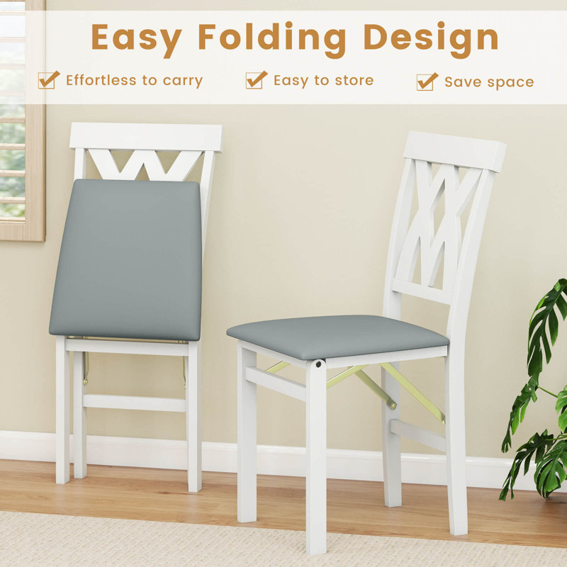 Chaises de cuisine pliantes avec structure rembourrée en bois d'hévéa et cuir PVC, 2, Gris, Blanc