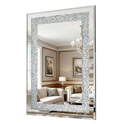 Crystal Crush Diamond Rectangle Silver Mirror for Wall, Large 36x24 Inch Decorative Hanging Mirror with Beveled Edge, Perfect for Modern Interiors