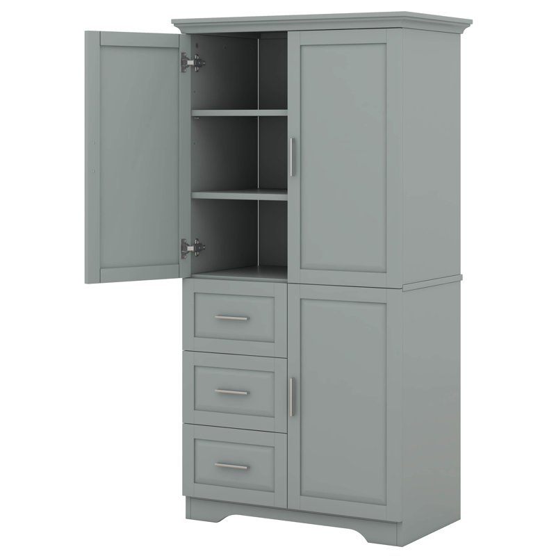 Grande armoire de rangement, garde-manger autoportant moderne avec 3 portes, 3 tiroirs de rangement, armoire avec tablette réglable pour salle de bain, bureau