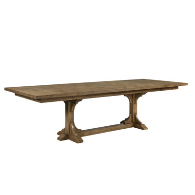 Table à tréteaux Almond, longueur 84 po, extension à 114 po, plateau de table à motif géométrique, placages, base, bois massif +, 44 po de largeur, 30 po de hauteur