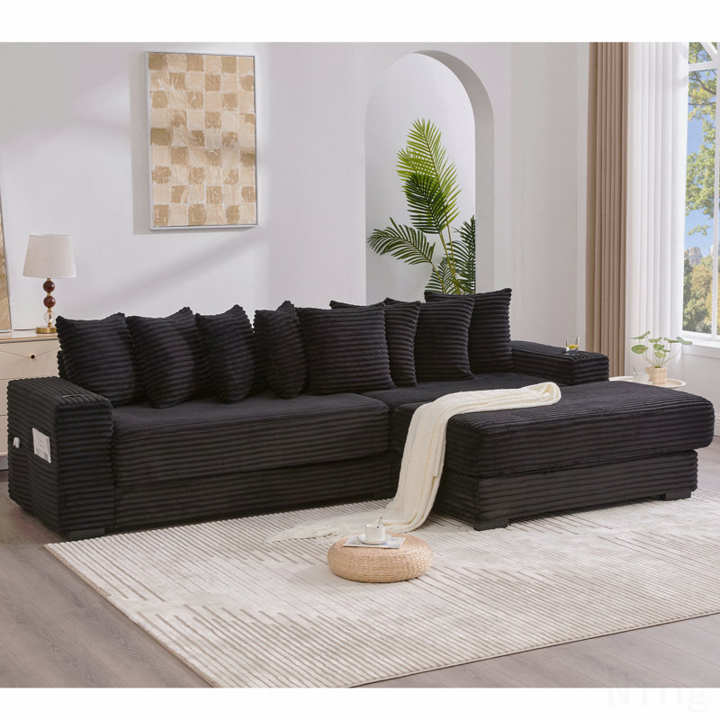 Canapé modulaire en L 110,75 po, canapé modulaire en velours côtelé, avec repose-pieds mobile, porte-gobelets, 8 coussins décoratifs, poche latérale, déplier dans un lit, noir