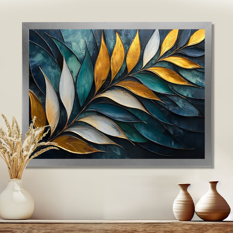 «Emerald Stone Plam Leaves» - art mural palmiers et palmiers, H 30 po x l 40 po, Argent argent