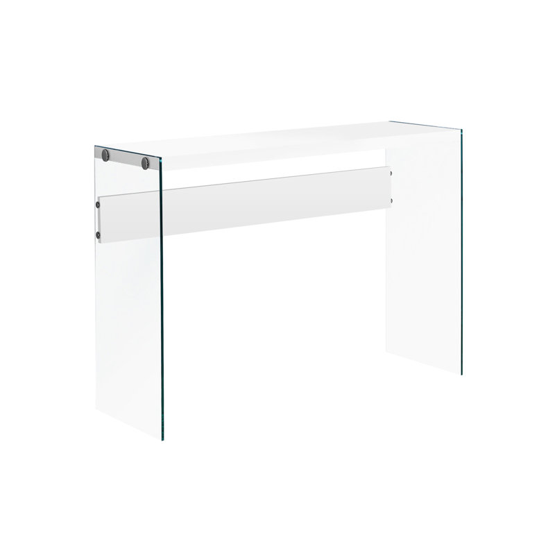 Console de chambre blanche lustrée avec plateau en verre transparent, apportant une touche contemporaine à la chambre. Plateau moderne et éléments en verre, idéal pour les entrées.