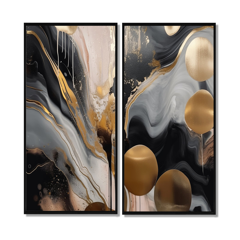 Marbre gris et gris captivant - art mural abstrait en marbre, 20" H x 24" W, Framed Print without Mat, Black