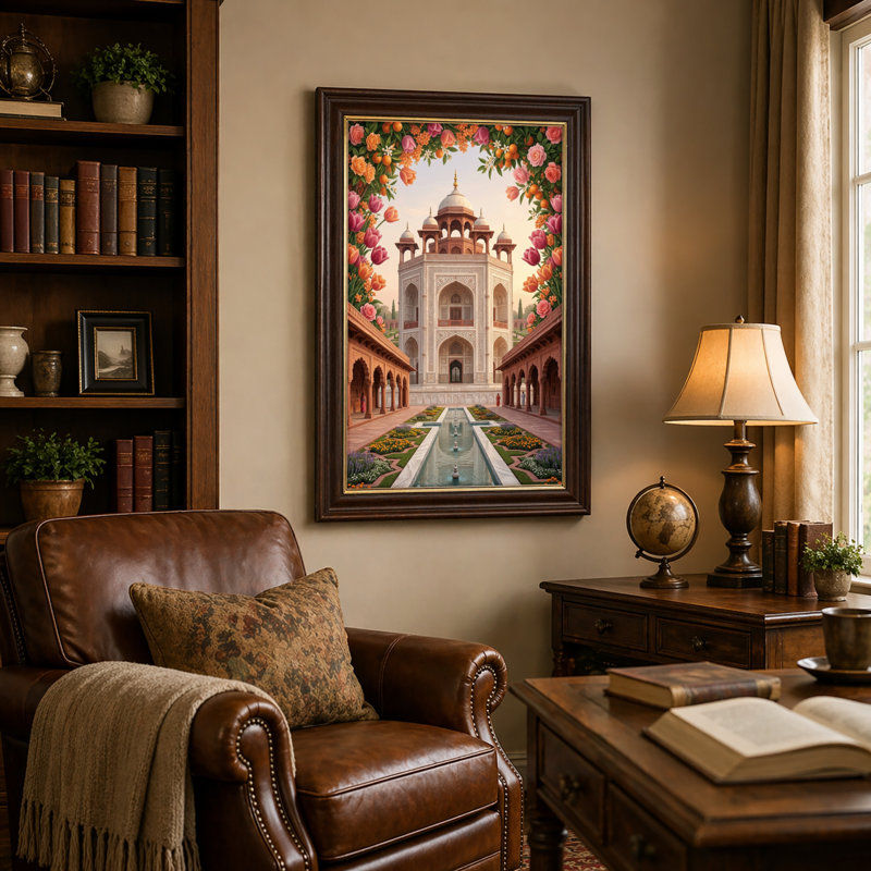 Art mural antique sur toile encadré doré pour le salon, la chambre à coucher, le bureau ou le vestibule - Décoration murale décorative avec architecture florale