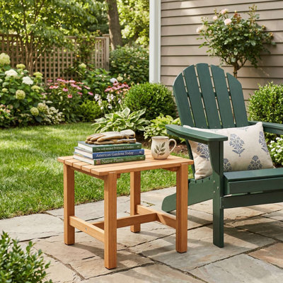 Heavy Duty Natural Teak Wood Patio Side Table With Breathable Slatted Tabletop And Stable Anti Slip Base For Backyard Garden
