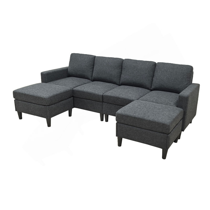 Canapé modulaire en lin rembourré avec 2 repose-pieds, Lin noir anthracite