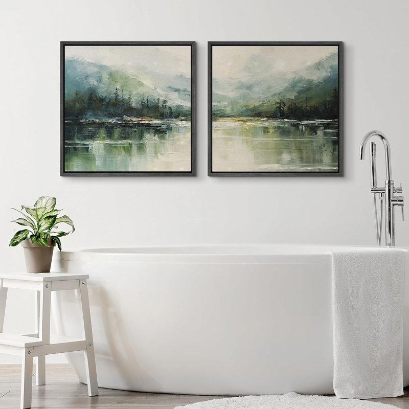 Vert, brume, montagne, réflexion, lac serein, nature, paysage, illustrations, art moderne, calme minimal, Cadre flottant noir