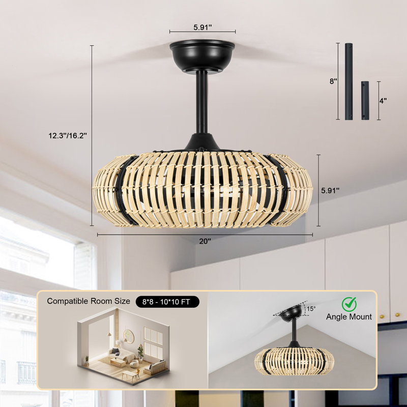 Ventilateur de plafond en cage 20 "avec bandes de bambou naturel Farmhouse, Tissage horizontal