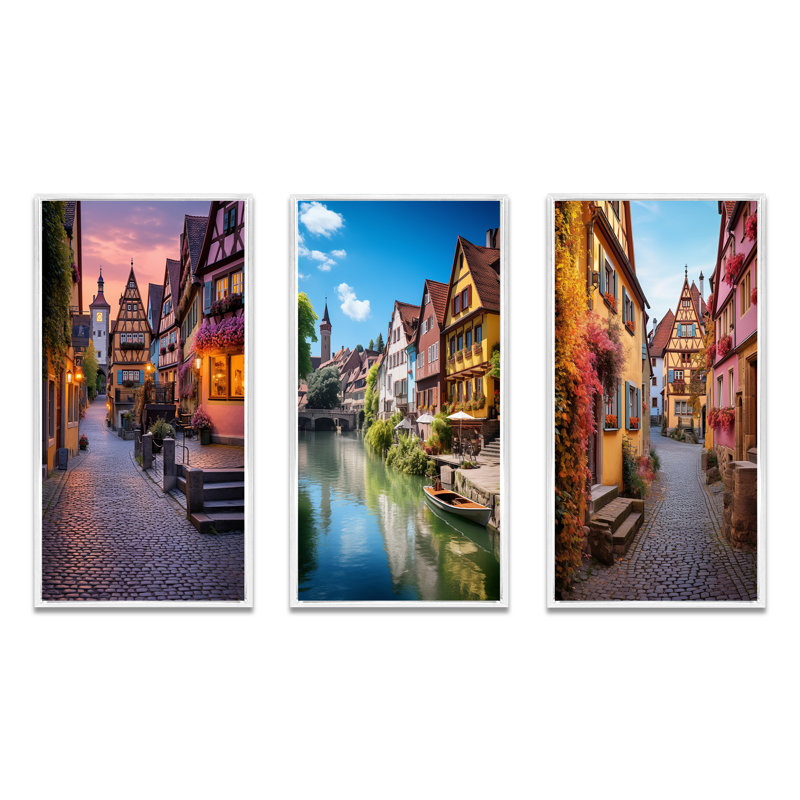 "Allemagne Rothenburg Street", 3 pièces sur toile, Cadre blanc, H 40 po x l 60 po