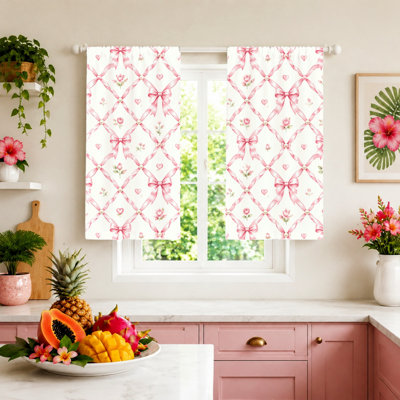 2 pièces de rideaux romantiques avec nœuds et roses, tissu filtrant la lumière, motif élégant et doux, protection de la vie privée, conception à passe-tringle, convient à la chambre des filles, à la chambre à coucher et à la décoration de la chambre de bébé