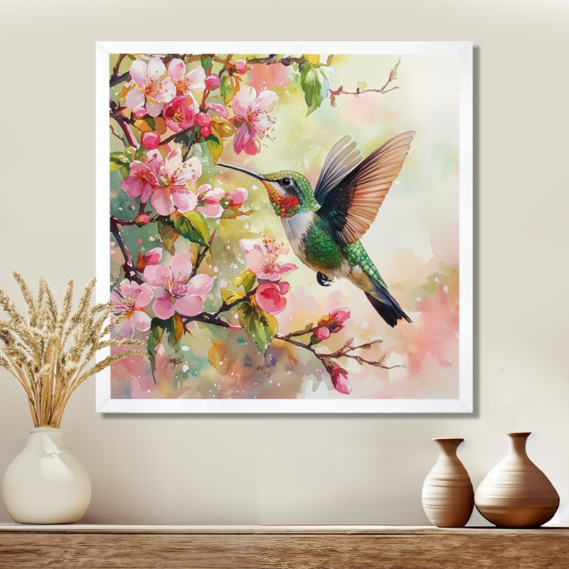 Colibri dans les fleurs II - Art mural colibri, H 36 po x l 36 po, Reproduction encadrée d'une seule photo, Blanc
