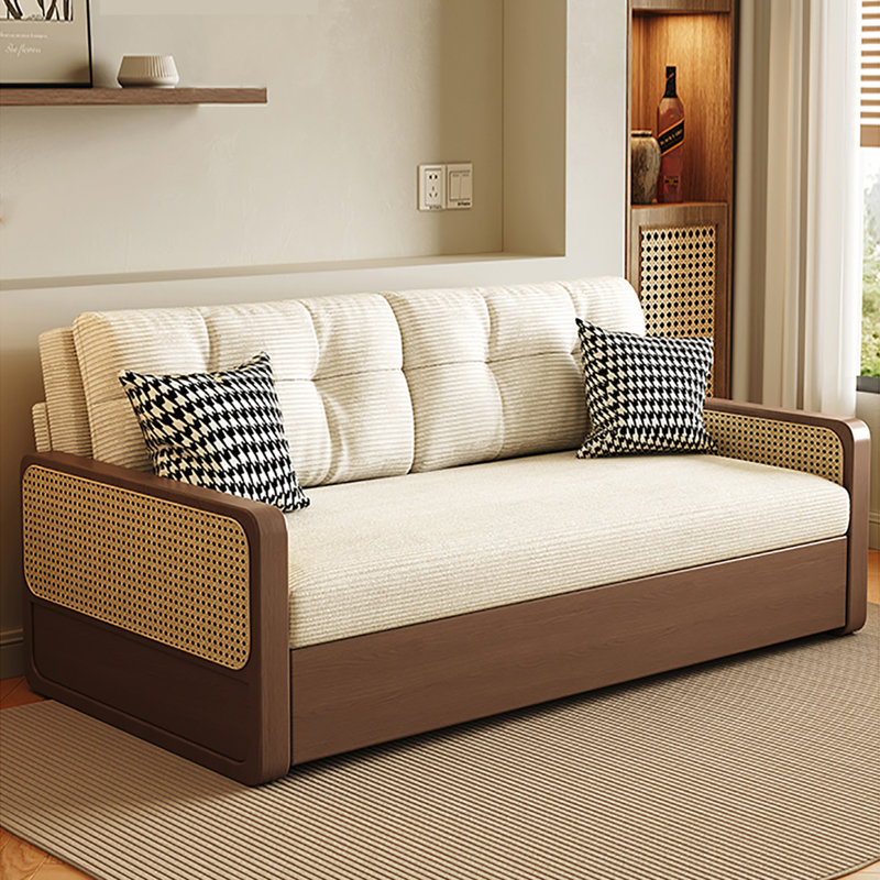 Canapé-lit beige moderne en velours côtelé minimaliste avec coussins, H 31,50 po x l 75,59 po x P 31,50 po