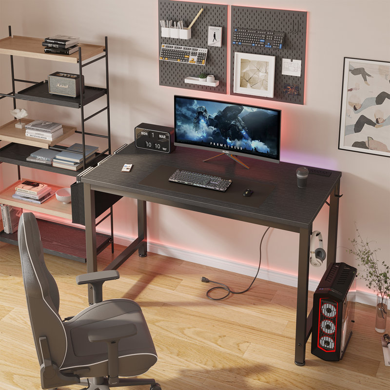 Bureau d'écriture rectangulaire avec prises de courant, Noir, noir, noir, noir, H 29,52 po x l 47,24 po x P 18,9 po