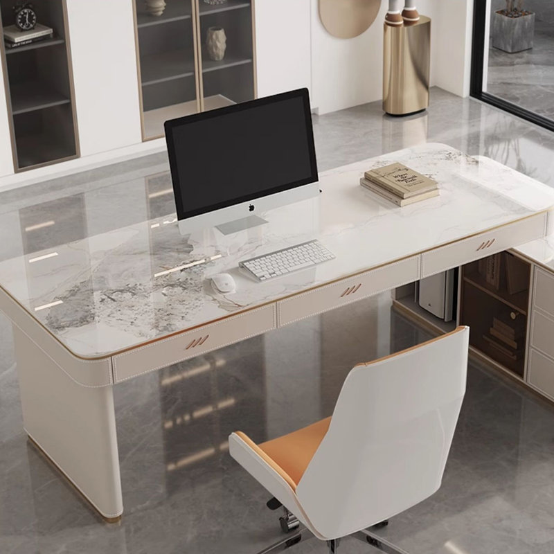 Bureau de direction blanc en L en pierre frittée avec tiroirs, Retour à droite, H 29,53 po x l 55,12 po x P 47,24 po