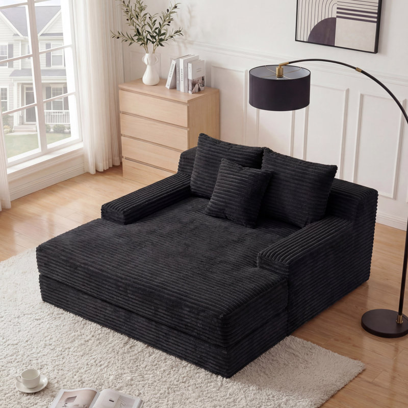 Méridienne surdimensionnée en flanelle 65,35 po pour salon avec 2 coussins de dossier et 1 coussin décoratif, rembourrage en mousse pure, aucun assemblage requis, noir