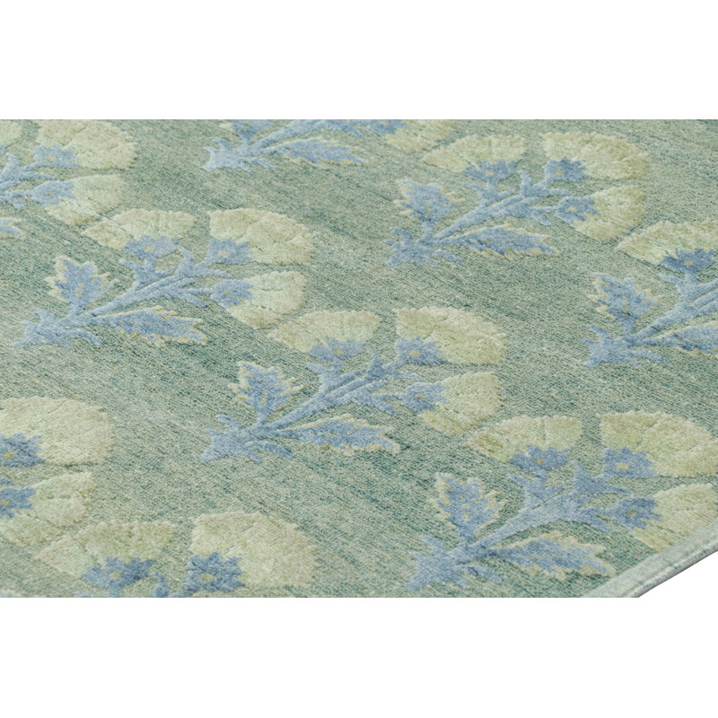 Rug & Kilim’S Custom Block Print Rug Design With Blue And Green Floral Pattern, Rectangle 14' x 20'
