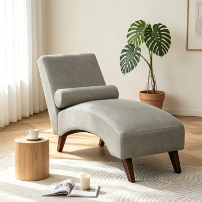 Gery Mid-Century Modern Chaise Lounge Chair with Bolster Pillow, Curved Lounger for Living Room Bedroom Reading Nook, 400 lbs Capacity
