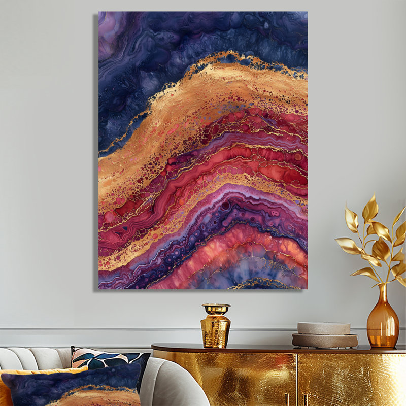 «Blue Gold Drifting Glow Of Agate II - Stone Geode», impression métallique traditionnelle, H 32 po x l 16 po x P 0,84 po
