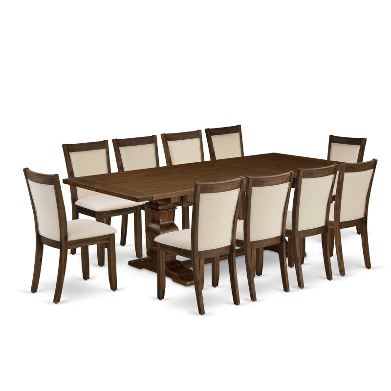 L'ensemble de table de cuisine 11 pièces comprend une table de salle à manger rectangulaire avec rallonge amovible et 10 chaises rembourrées en tissu de lin beige clair, noyer antique