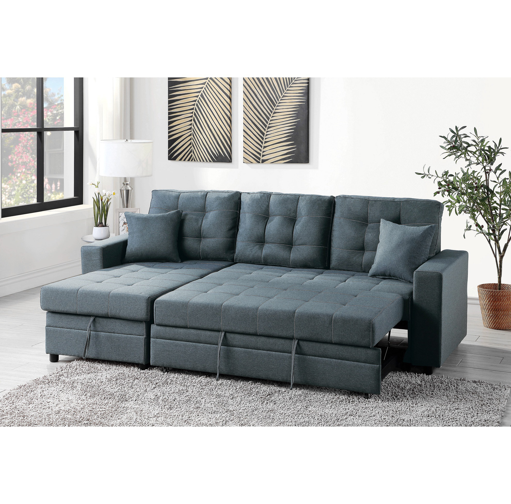 Latitude Run® Blue Grey Convertible Sectional Pull Out Bed Sofa Chaise ...