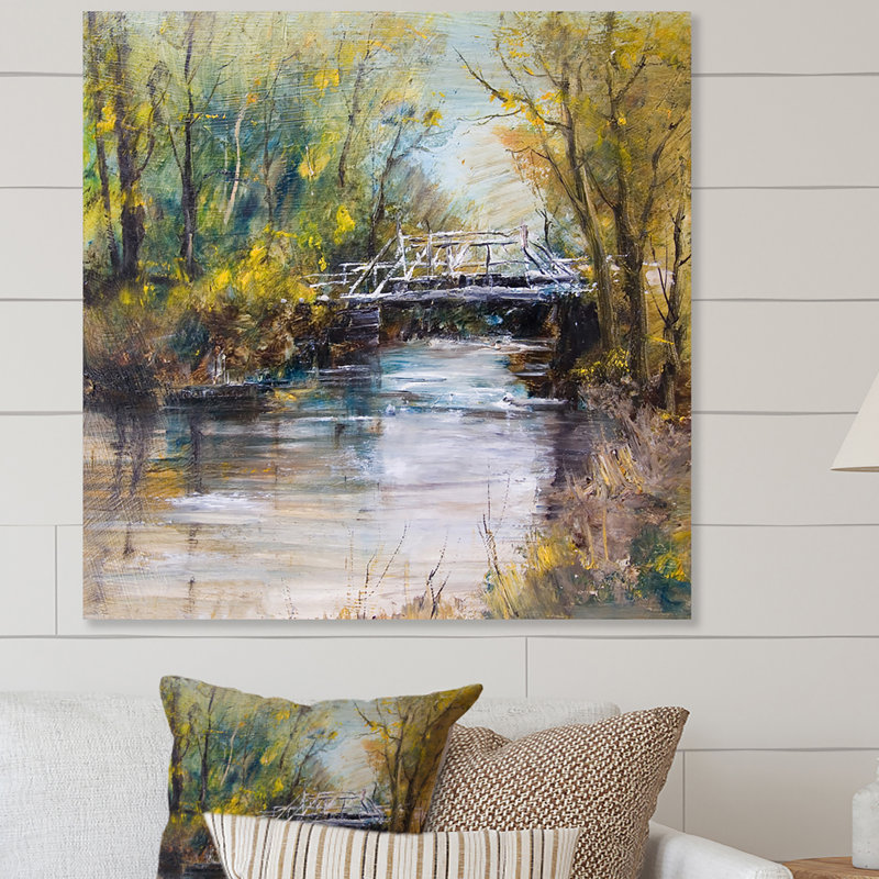 Pont blanc sur une rivière d'été - art mural traditionnel sur toile, H 30 po x l 30 po x P 1 po, Toile tendue
