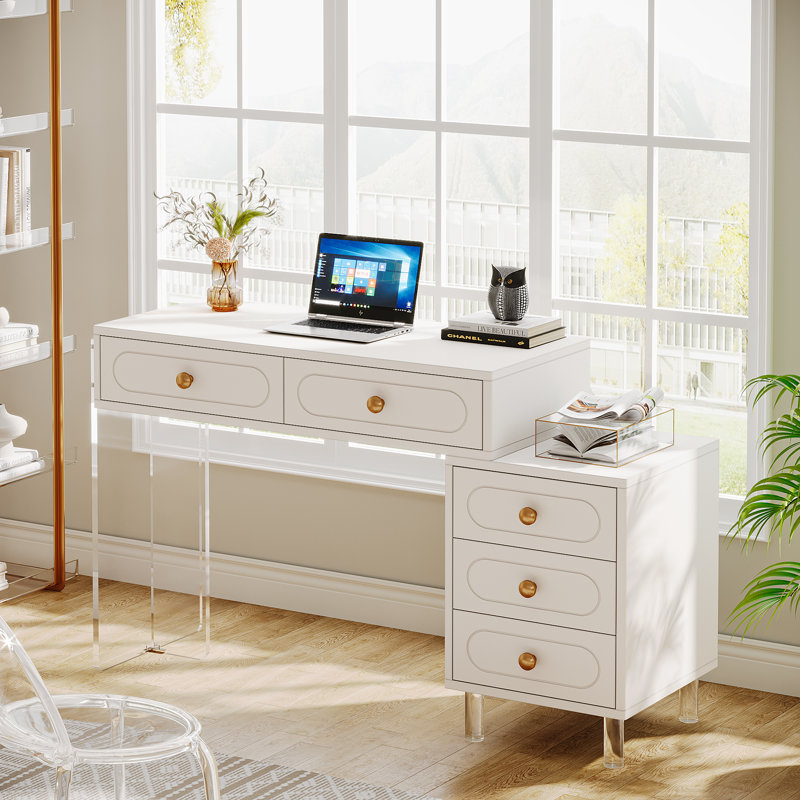 Kevonne Retractable Rectangle Computer Desk with 5 Drawers