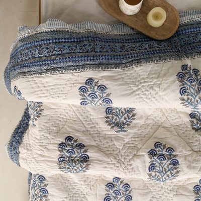  Mughal Florals Blue Reversible 100% Cotton Quilt, Twin/Twin XL 60" x 90", Lightweight Botanical Bedspread for Bedroom