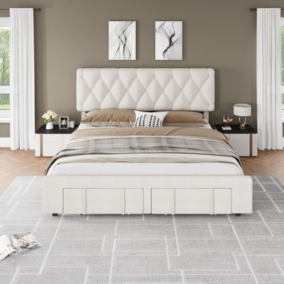 Structure de lit plateforme moderne avec très grand lit tapissier avec tiroirs de rangement, lattes en bois massif et robustes, aucun sommier nécessaire, meubles de chambre à coucher pour chambre d'amis et appartement, très grand blanc cassé