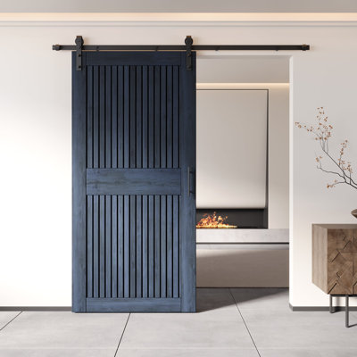 Homacer Navy 26in x 84in Unassembled & Finished Vertical Stripe Design Barn Door with Non-Bypass Installation Hardware Kit, 4.5ft track, interior use only