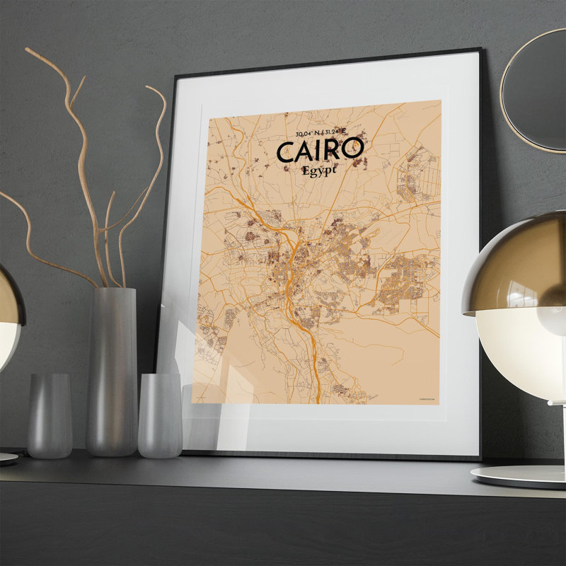 «Cairo City Map», impression rétro, H 20 po x l 16 po x P 0,05 po, Orange / or pâle