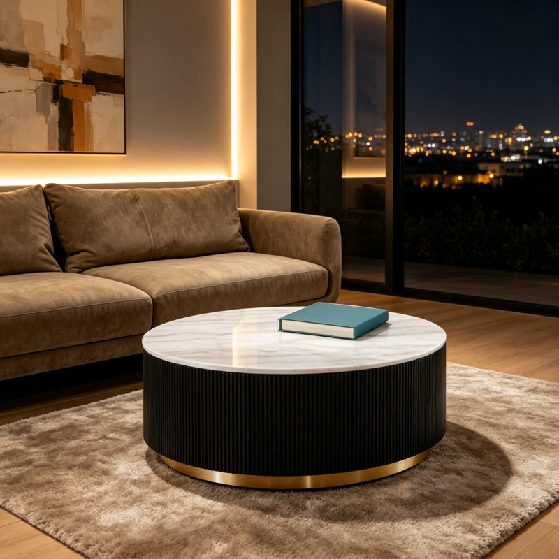 Élégante table de cocktail à dessus en marbre avec base dorée pour les salons modernes