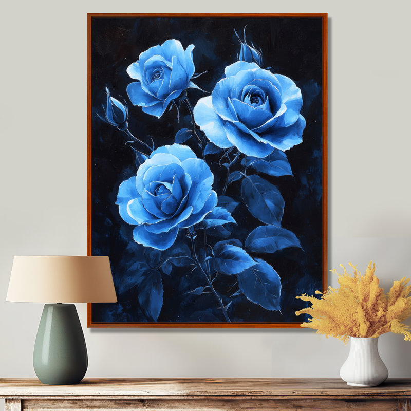 «Dark Aqua Roses Elegance At Night I», art mural sur toile Roses, H 20 po x l 12 po, Reproduction avec cadre flottant, Brun