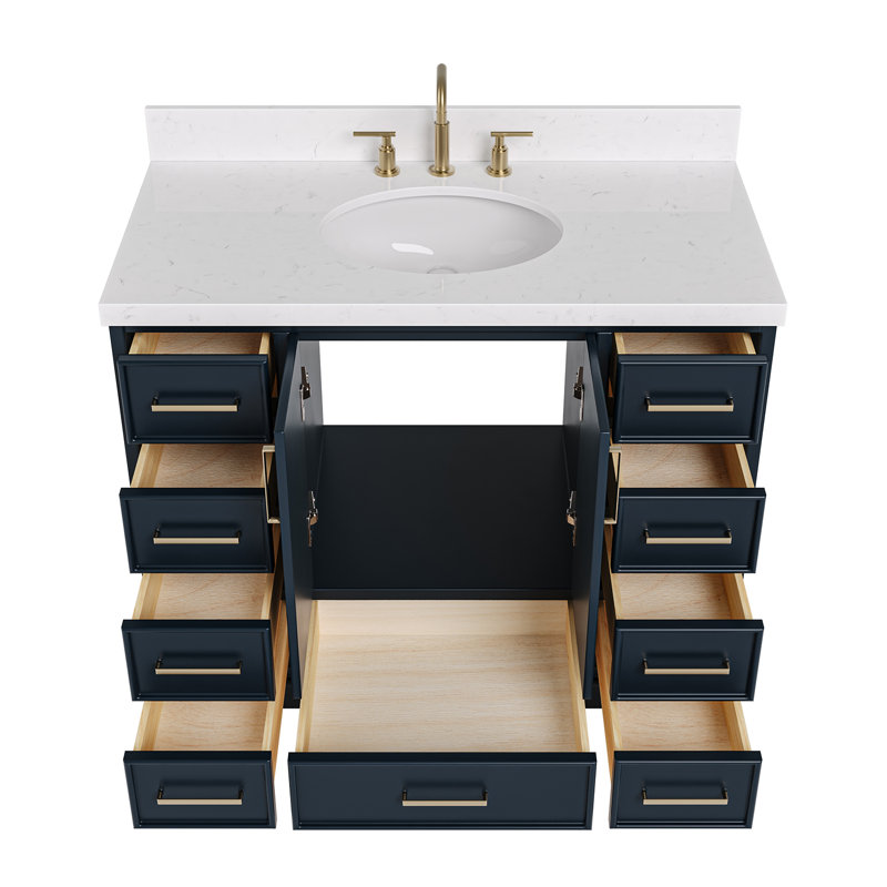 Ensemble de meuble-lavabo simple 42,25 po avec plateau en quartz Abshire, Bleu minuit