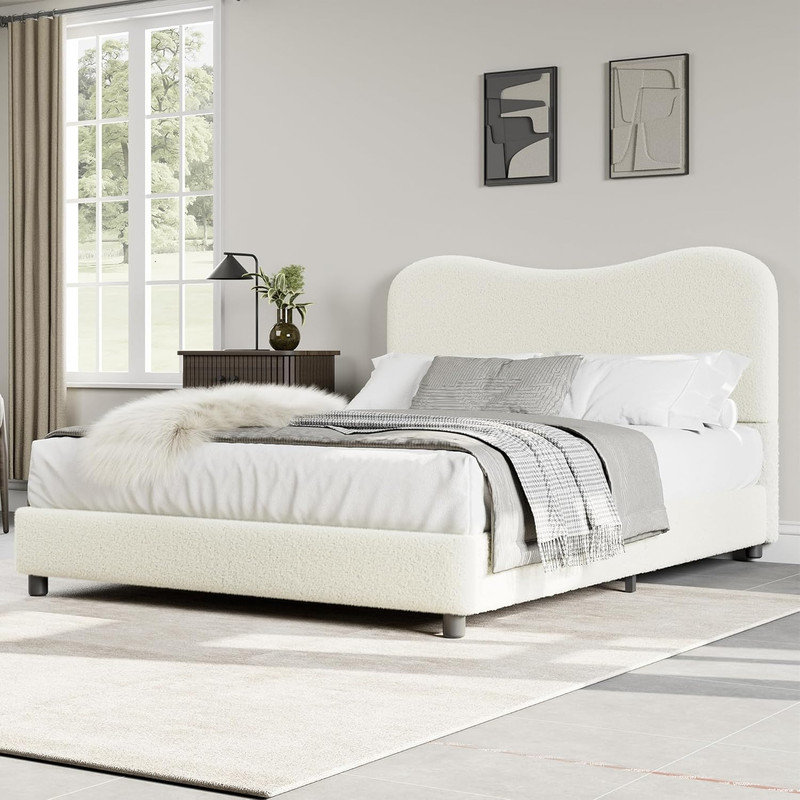 Structure de lit rembourrée Boucle avec tête de lit Cloud, profil bas, lattes de bois, aucun sommier requis, Lit double