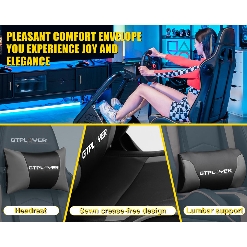 GTPLAYER Racing Simulator Cockpit Faux Leather PC & Racing Game Chair with Built-in Speakers, Grey