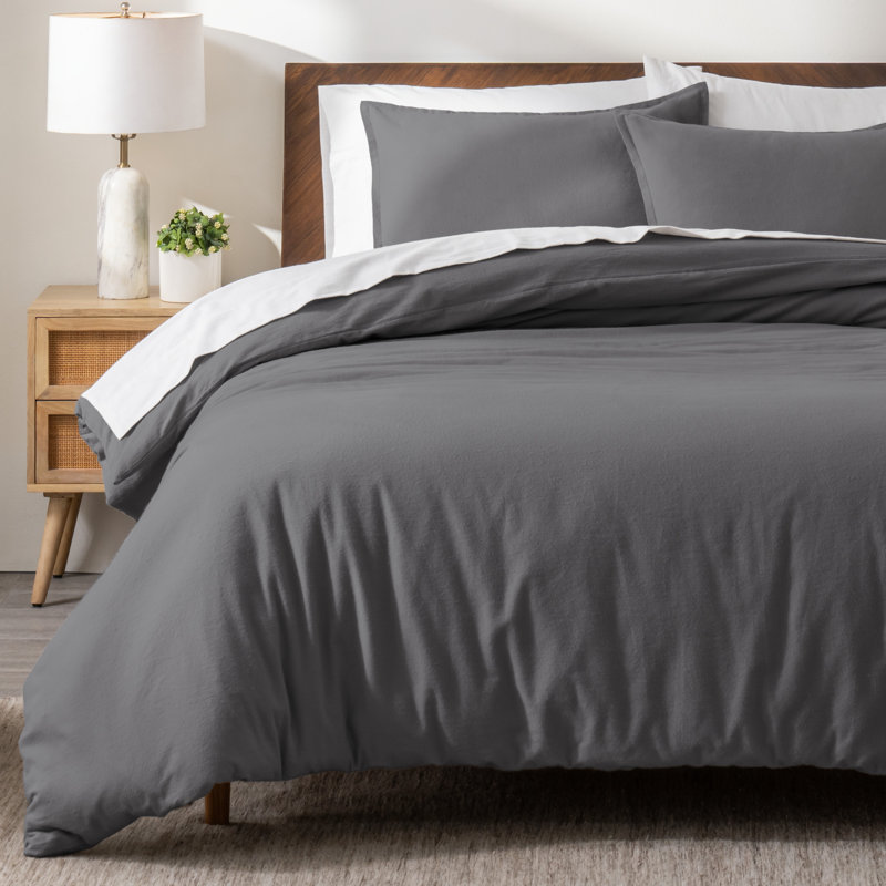 100% Cotton Flannel Duvet Cover Set, Gray, Full Duvet Cover + 2 Standard Shams