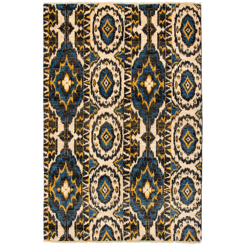 Tapis unique en laine noué à la main bleu / jaune / crème des années 2010 de 6 pi x 9 pi Ardelis